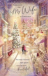 Wife Christmas Card -Town Scene with Couple Decorated Tree Christmas Card